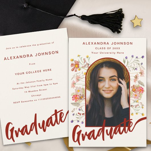 Boho Floral Graduate Foto Script Graduation Party Einladung