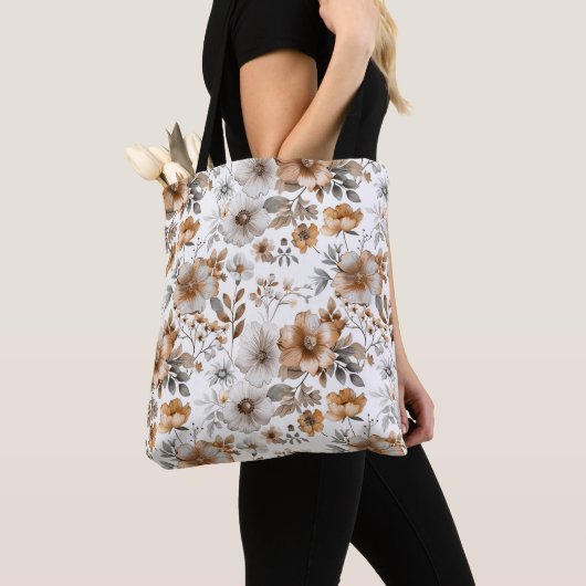 Boho Floral Gray Brown neutrale Farbe Wasserfarbe Tasche (Von Nahem)
