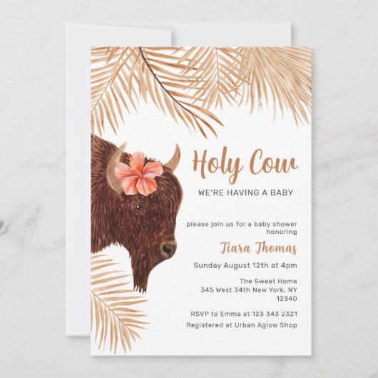 Boho Floral Heilige Kuh Hochland Kuh Baby Dusche Einladung (Vorderseite)