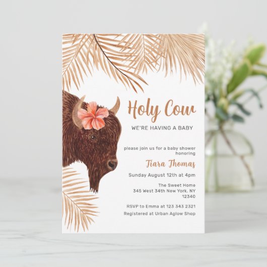 Boho Floral Heilige Kuh Hochland Kuh Baby Dusche Einladung (Stehend Vorderseite)