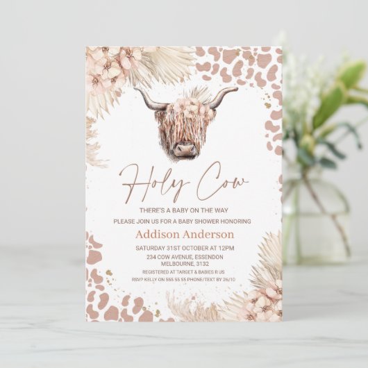 Boho Floral Heilige Kuh Hochland Kuh Baby Dusche Einladung (Stehend Vorderseite)