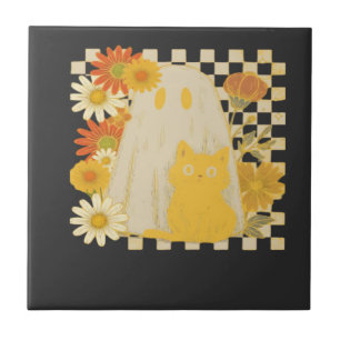 Boho Floral Herbst Geist und schwarze Katze Hallow Fliese