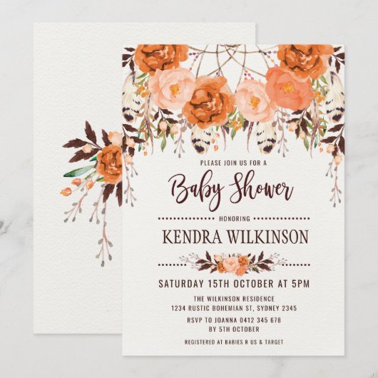 Boho Floral Herbst Kinderdusche Einladung Rustikal (Vorne/Hinten)