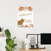 Boho Floral Highland Cow Baby Dusche Willkommen Poster (Heimbüro)