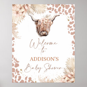 Boho Floral Highland Cow Baby Dusche Willkommen Poster