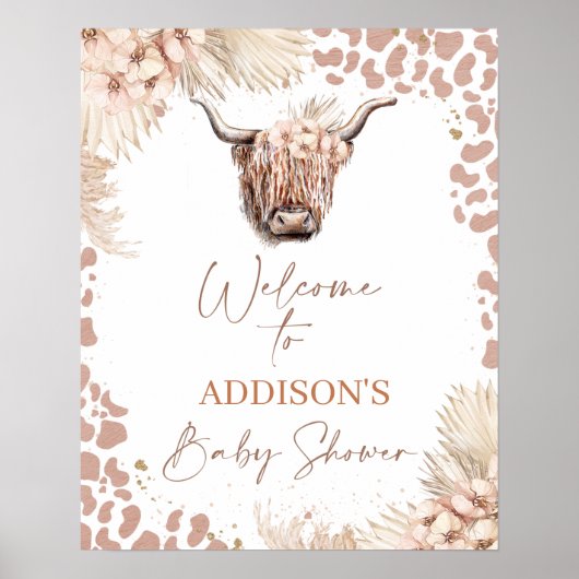 Boho Floral Highland Cow Baby Dusche Willkommen Poster (Vorne)