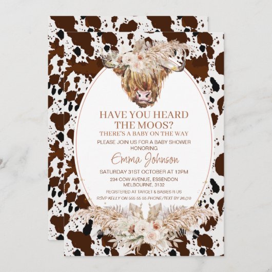 Boho Floral Highland Cow Cowhide Baby Shower Einladung (Vorne/Hinten)