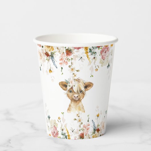 Boho Floral Highland Cow Pappbecher (Rückseite)
