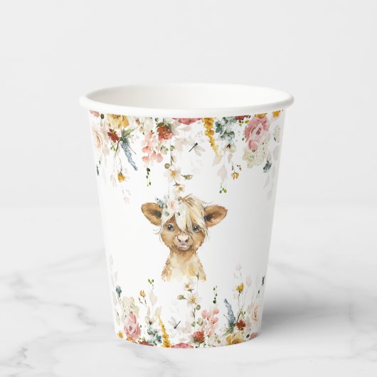 Boho Floral Highland Cow Pappbecher (Vorderseite)