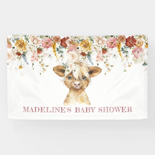Boho Floral Highland Cow Willkommen Banner (Horizontal)