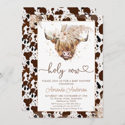 Boho Floral Highland Heart Text Baby Dusche Einladung (Vorne/Hinten)