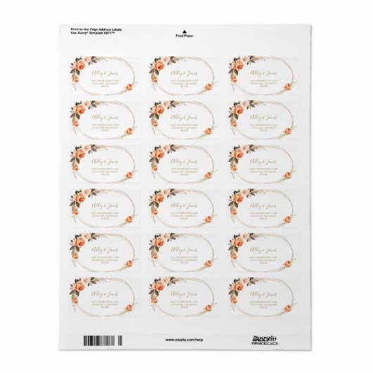 Boho Floral Hochzeit im Herbst Address Labels Adressaufkleber (Vorne)