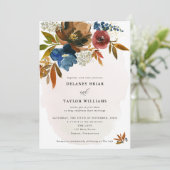 Boho Floral, Hochzeit von Marine & Rust Einladung (Stehend Vorderseite)