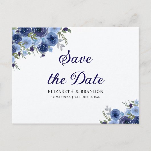 Boho Floral in Midnight Blue – Rustic Wedding Postkarte (Vorderseite)