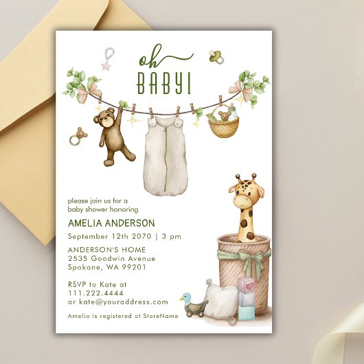 Boho Floral Jungle Clothline Animals Baby Shower  Einladung