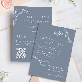 Boho Floral Kontur Dusty Blue All in one QR Code Einladung