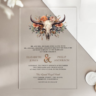 Boho-Floral-Kuh-Schädel-Westliche Hochzeit Acryleinladungen
