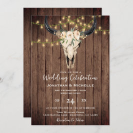 Boho Floral Kuh Skull and Lights on Wood Wedding Einladung