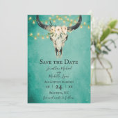 Boho Floral Kuh Skull and Lights Türkis Hochzeit Save The Date (Stehend Vorderseite)