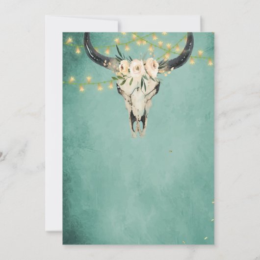 Boho Floral Kuh Skull and Lights Türkis Hochzeit Save The Date (Rückseite)