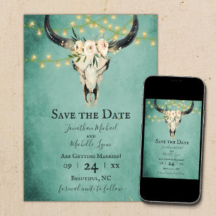Boho Floral Kuh Skull and Lights Türkis Hochzeit Save The Date