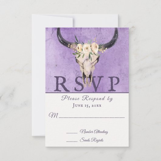 Boho Floral Kuh Skull auf Lila Background Wedding RSVP Karte (Vorderseite)