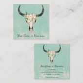 Boho Floral Kuh Skull auf Türkis Quadratische Visitenkarte (Vorne/Hinten)