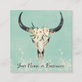 Boho Floral Kuh Skull auf Türkis Quadratische Visitenkarte