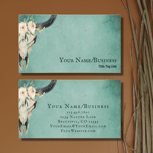 Boho Floral Kuh Skull auf Türkis Visitenkarte