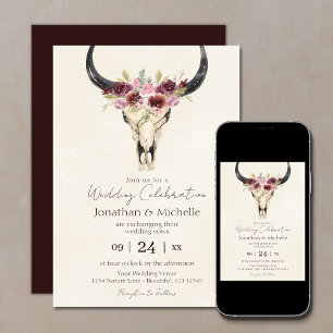 Boho Floral Kuh Skull Burgundy und Cream Wedding Einladung