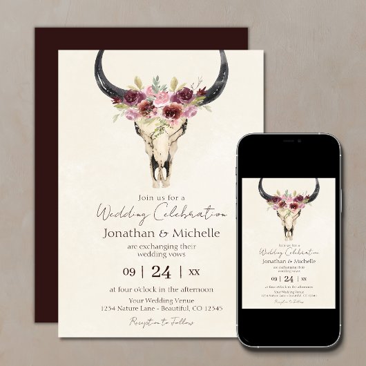 Boho Floral Kuh Skull Burgundy und Cream Wedding Einladung