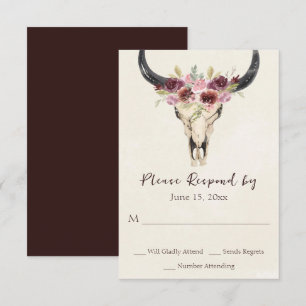 Boho Floral Kuh Skull Burgundy und Cream Wedding RSVP Karte