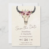 Boho Floral Kuh Skull Burgundy und Cream Wedding Save The Date (Vorderseite)