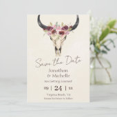Boho Floral Kuh Skull Burgundy und Cream Wedding Save The Date (Stehend Vorderseite)