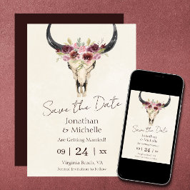 Boho Floral Kuh Skull Burgundy und Cream Wedding Save The Date