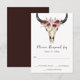 Boho Floral Kuh Skull Burgundy und White Wedding RSVP Karte