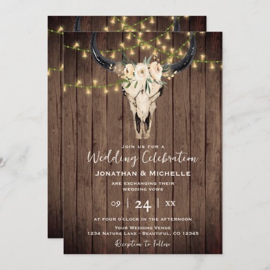 Boho Floral Kuh Skull on Wood All in One Wedding Einladung (Vorne/Hinten)