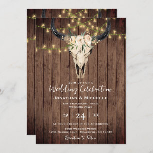 Boho Floral Kuh Skull on Wood All in One Wedding Einladung