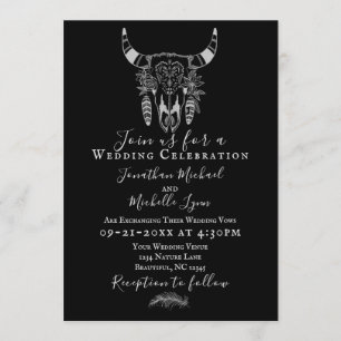 Boho Floral Kuh Skull Schwarz und Weiß Hochzeit Einladung