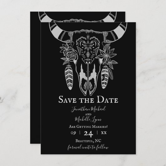 Boho Floral Kuh Skull Schwarz und Weiß Hochzeit Save The Date (Vorne/Hinten)