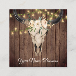 Boho Floral Kuh Skull, String Lights on Barnwood Quadratische Visitenkarte