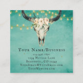 Boho Floral Kuh Skull, String Lights on Türkis Quadratische Visitenkarte (Rückseite)