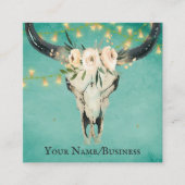 Boho Floral Kuh Skull, String Lights on Türkis Quadratische Visitenkarte (Vorderseite)