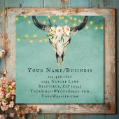 Boho Floral Kuh Skull, String Lights on Türkis Quadratische Visitenkarte