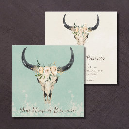 Boho Floral Kuh Skull Türkis und Creme Quadratische Visitenkarte