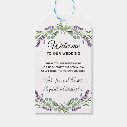 Boho Floral Lavender Eucalyptus Wedding Willkommen Geschenkanhänger (Vorderseite)