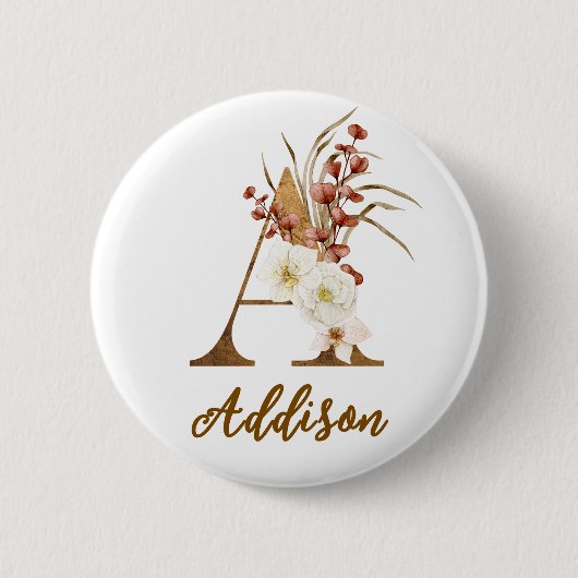 Boho Floral Letter A Monogram Gastgeschenk Hochzei Button (Vorderseite)