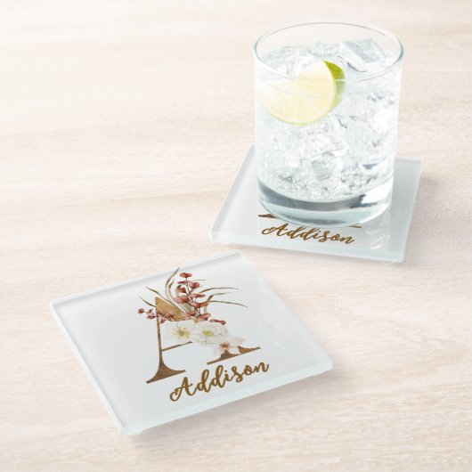 Boho Floral Letter A Monogram Gastgeschenk Hochzei Glasuntersetzer (Schrägansicht)