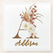 Boho Floral Letter A Monogram Gastgeschenk Hochzei Glasuntersetzer (Vorderseite)