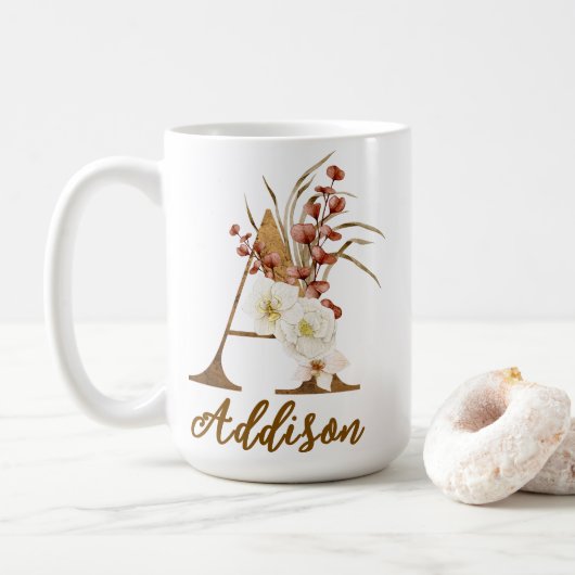 Boho Floral Letter A Monogram Gastgeschenk Hochzei Kaffeetasse (Mit Donut)